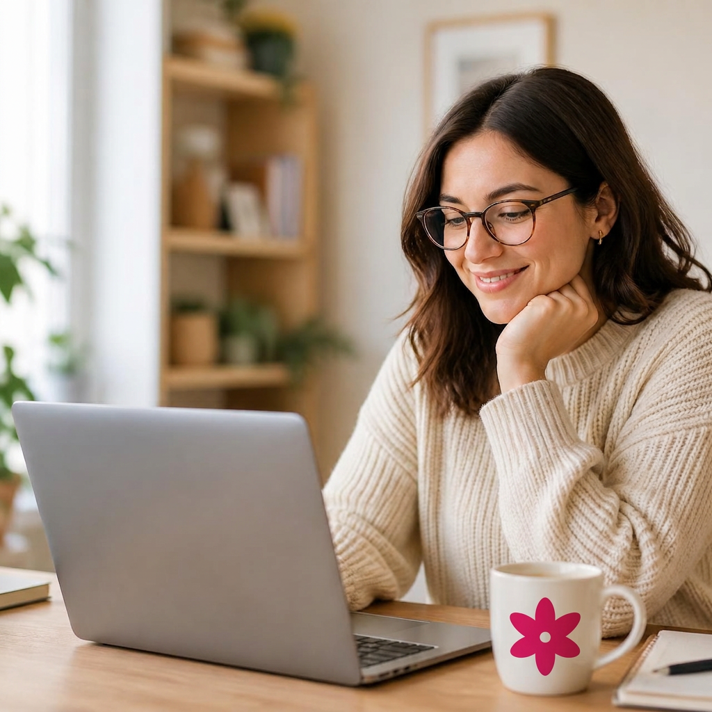 Woman working on laptop, smiling